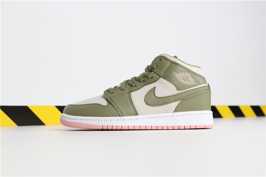 Women Air Jordan 1 MID Army Green White Pink Sole Shoes